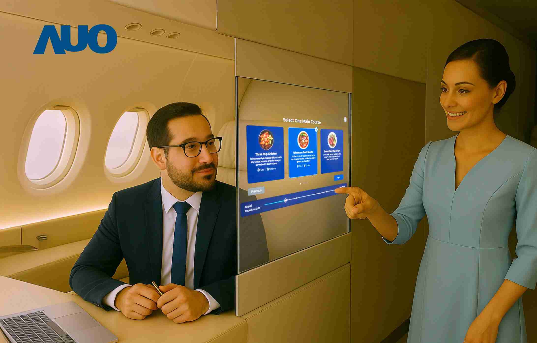 牛牛游戏研发全球最薄17.3 吋双面透明 Micro LED 显示器，，，，可在同一屏幕之双边投射不同信息，，，创造独特的”透明化”互动；图为实时翻译交流应用情境